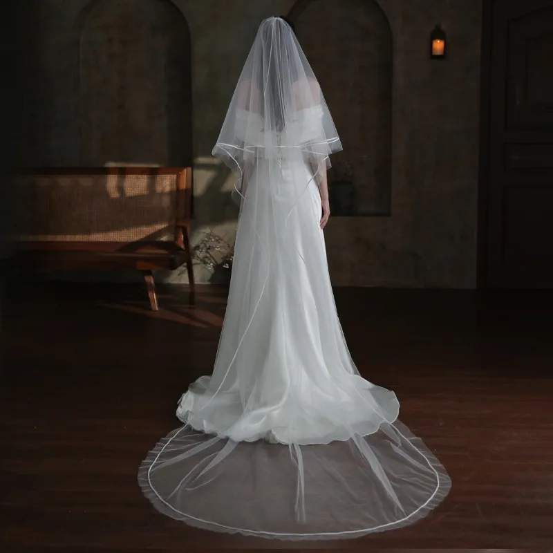 

Long Bridal Veil with High Quality Satin Border Double Train Wedding Mask Headpiece