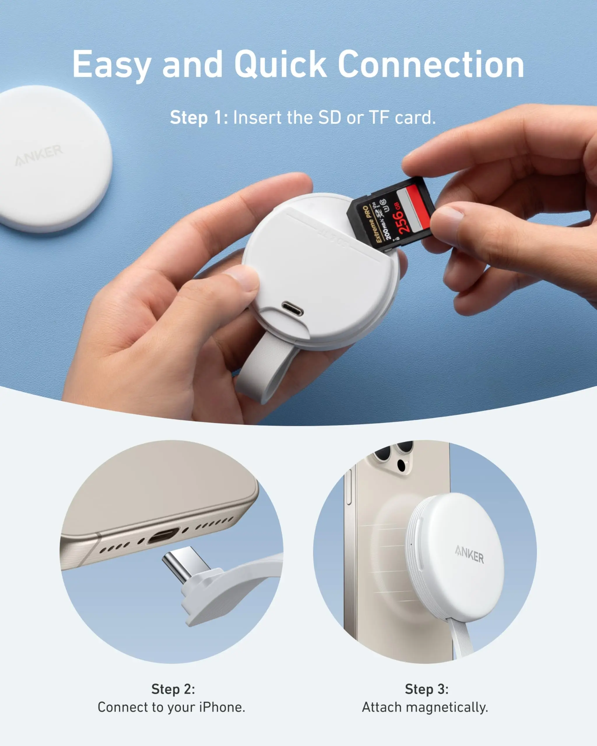 Anker MagGo SD Card Reader for iPhone 15 Serie Portable Card Readerfor SD&TF Card, 312MB/s Max Data Transfer for USB C Devices