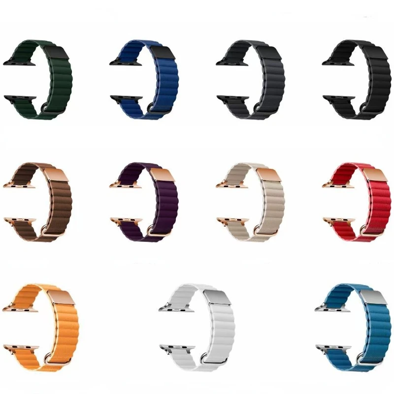 Leather＋Metal Magnetic Loop Strap For Apple Watch 8 7 45mm 41mm Stainless Steel Bracelet band iWatch6 5 4 SE 44mm 42mm 40mm 38mm