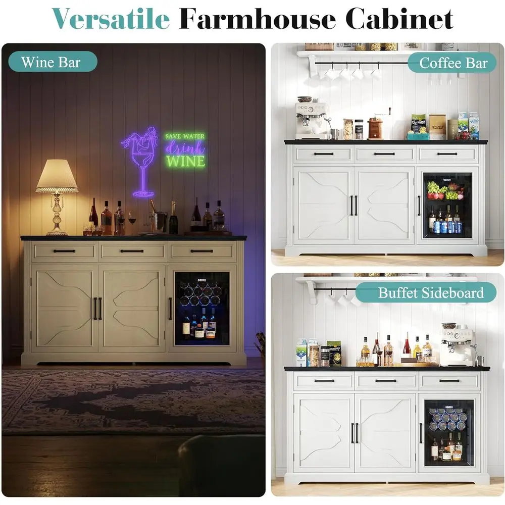 White 60 Beverage Cabinet with Wine Storage, Mini Bar Cabinet for Dining and Living Rooms