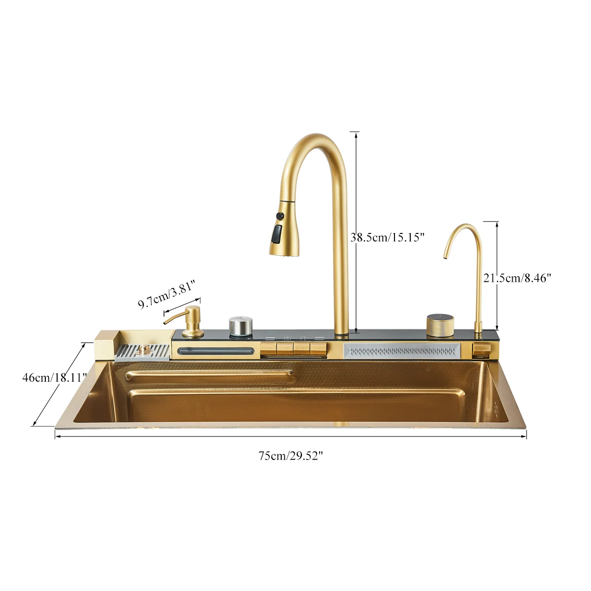 304 Brushed Gold Stainless Steel Waterfall Kitchen Sink Large Single Slot 4 Function  Integrated Digital Display Faucet Set 5