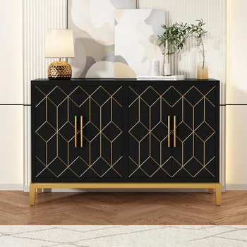 HLR Accent Cabinet with 4 Doors&Shelves, Sideboard Buffet Cabinet with Gold Trim, Modern Black Storage Cabinet for Living Room