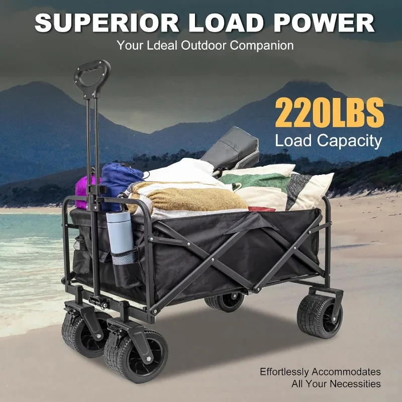 Collapsible Foldable Wagon,Beach Wagon with Big Wheels for Sand,Utility Grocery Wagon with Side Pocket and Brakes