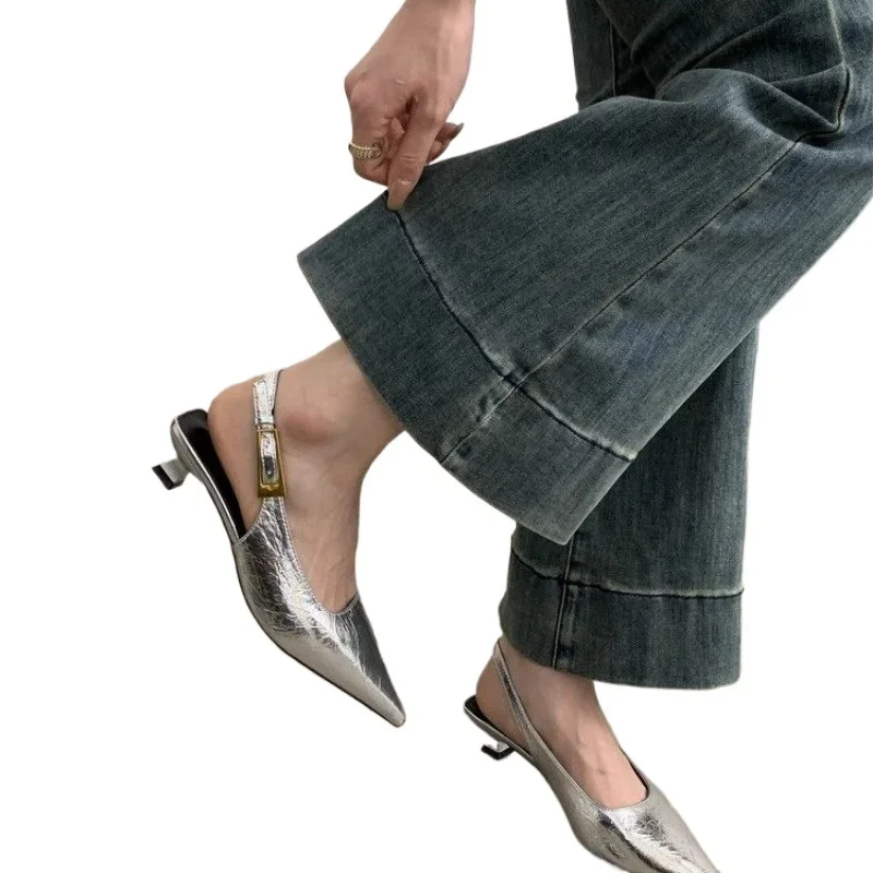 Gold Silver High Heel Pointed Toe Women Slingback Shoes Woman Elegant Summer French Style Back Empty Single Pumps 6