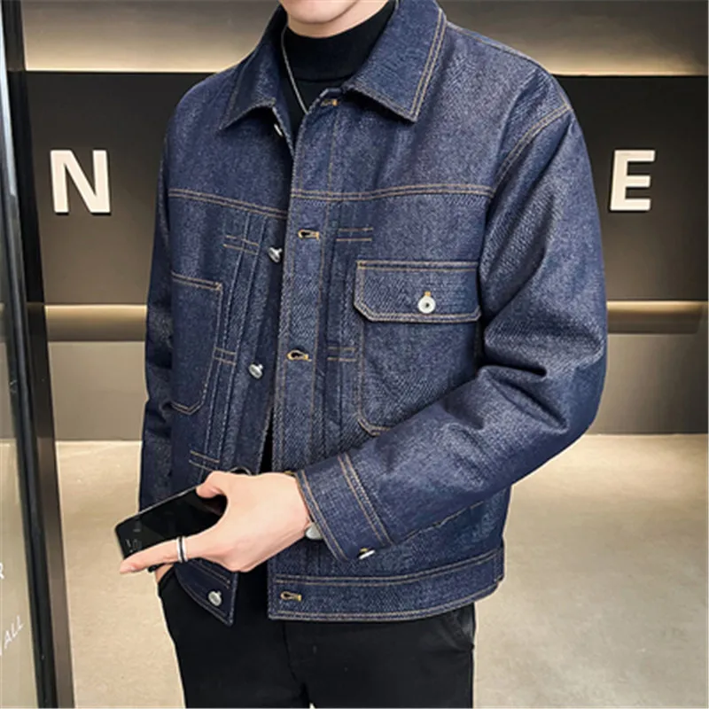 

Men Denim Down Jacket Turn-down Collar Parka Coat Winter Casual Jeans Outwear Jaqueta Couro Korean Warm Men Clothing Winter