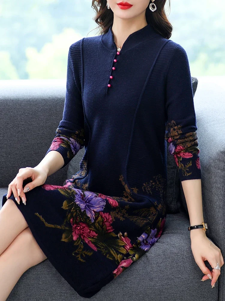 

Floral Print Long Sweaters Dress Spring Women Clothing Long Sleeve Femme Pullover Elasticity Loose Pulls Sweater For Women