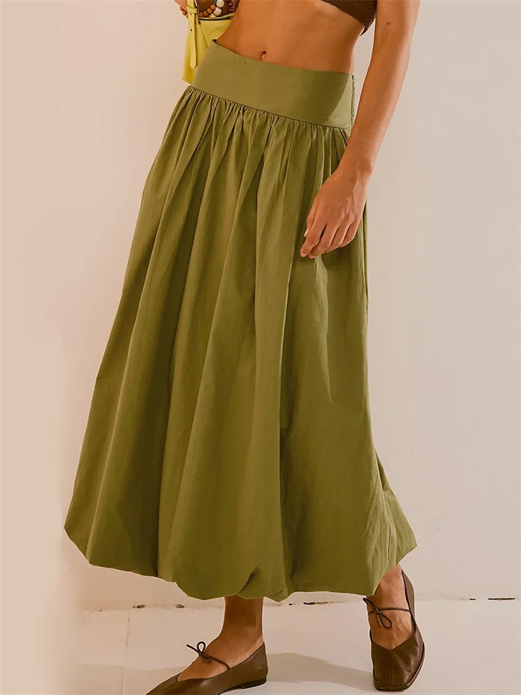 CHRONSTYLE Women Long Maxi Skirts Casual Loose Fit Elastic Waist Solid Color Ruched Pleated Skirts for Summer Spring Streetwear - view