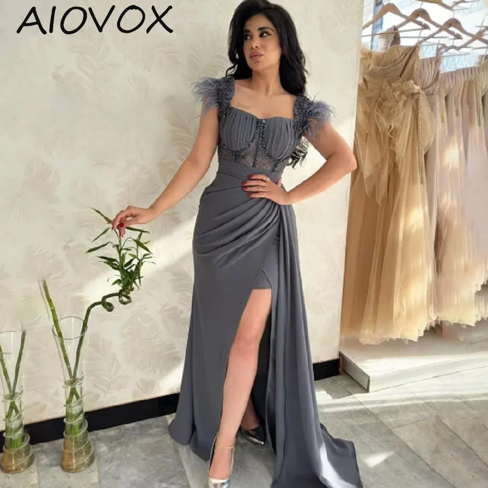 

AIOVOX Mermaid Party Dresses Sexy Charming Side Slit Square Collar Neck Appliques Feathers Evening Dresses 2024 robe de soirée