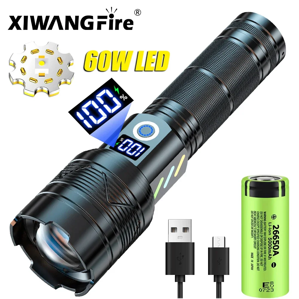 

High Power Strong Light Long Range LEP Flashlight USB Charging 26650 Lithium Battery Outdoor Telescopic Zoom Super Bright Torch