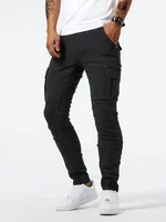 Pantalon de travail en denim pour hommes, délavé, couleur unie, multi-poches, décontracté, taille moyenne, coupe cintrée, vêtements quotidiens, pantalon de jogging 1
