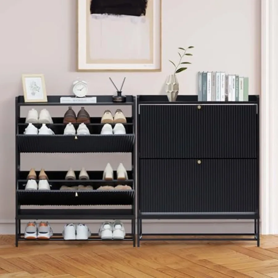 Fluted Shoe Cabinet for Entryway with 2 Flip Drawers Narrow Free Standing Shoe Storage Organizer Slim Wood Shoe Rack Cabinet wi