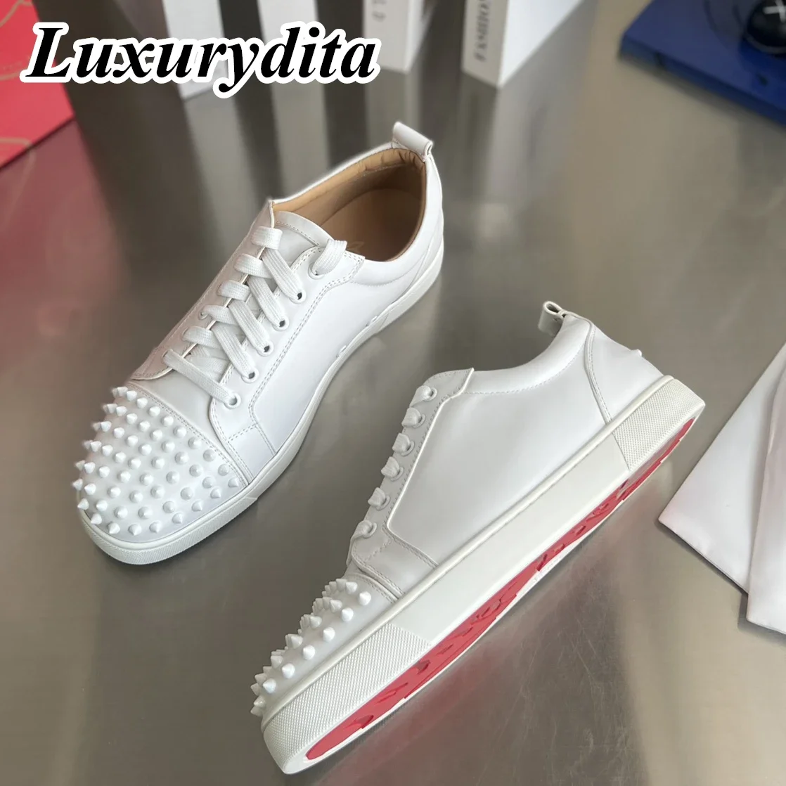 

LUXURYDITA Designer Men Casual Sneakers Real Leather Red sole Luxury Womens Tennis Shoes 35-47 Fashion Unisex loafers HJ1414
