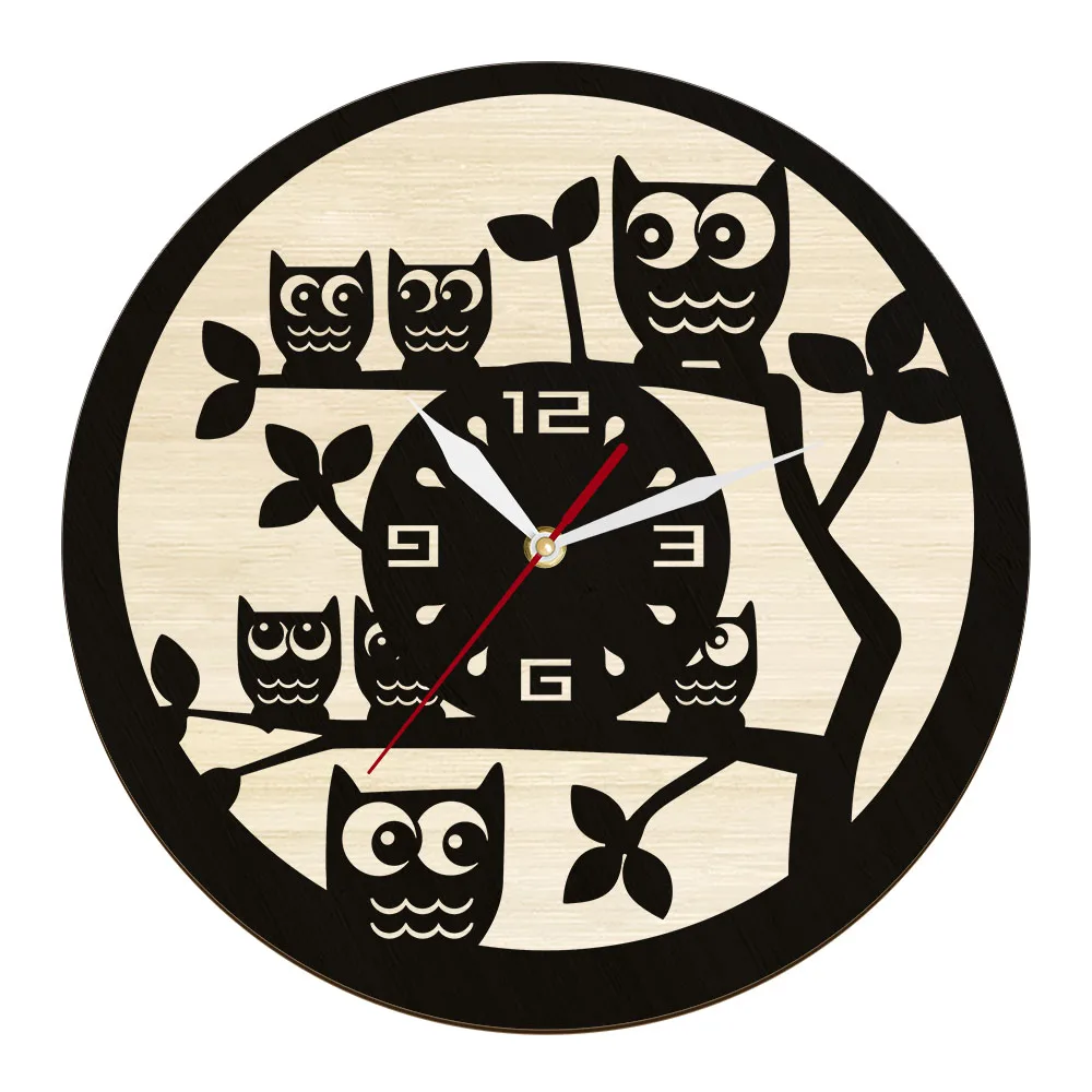 

Baby Owls On Branch Silent Non Ticking Wall Clock For Kids Room Nursery Animal Bird Decor Natural Black Wooden Owl Wall Watch