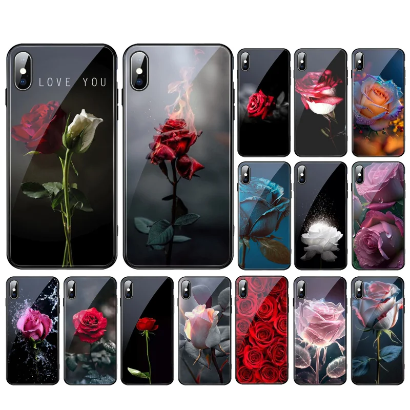 

Red Roses Beautiful Flower Rose Glass phone case For iphone 15 14 13 Pro Max 12 11 Pro Max XS Mobile Phone Case Funda