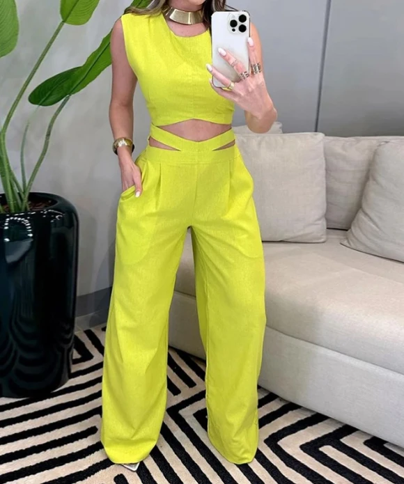 Women Two Piece Set 2024 Summer Spicy Girl Sexy Backless Sleeveless Top and Hollow Slim Fit Sexy Straight Leg Pants Set kohuijoo 2023 summer pink jeans woman high waist spice girl style vintage straight wide leg jeans hole fashion mopping pants