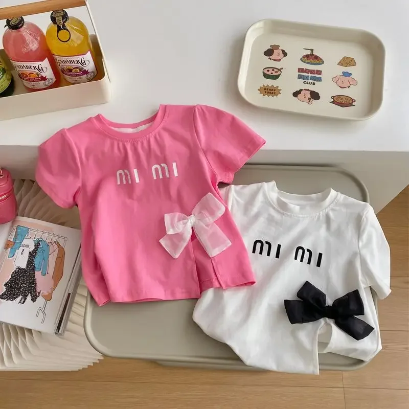 تي شيرت قطني بأكمام قصيرة للفتيات ، مع قوس ، فتحة...