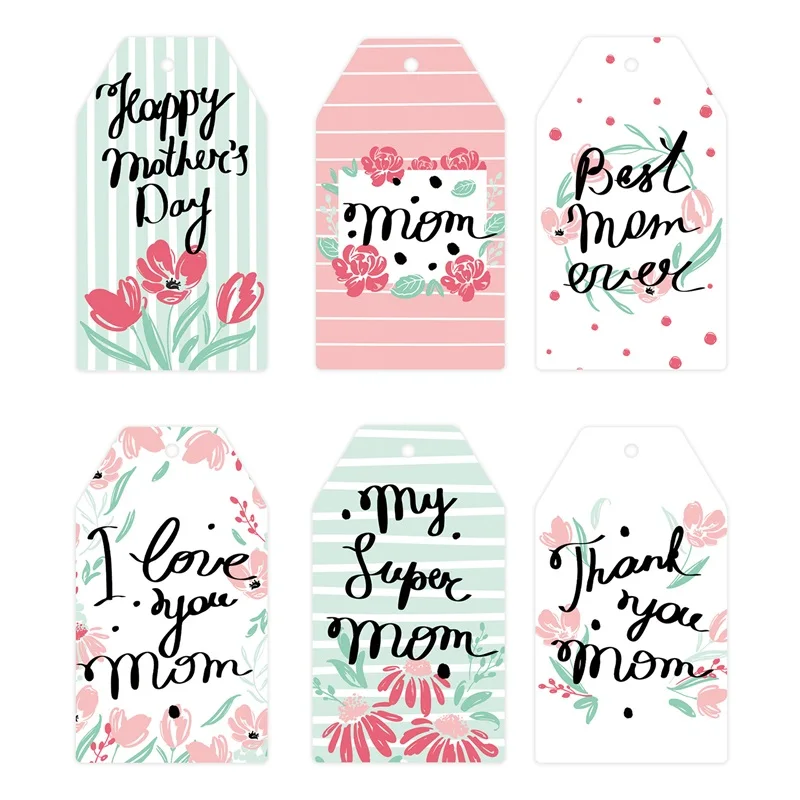 Mother's Day Present Tags 60 Pcs Set Letter Floral Print Paper Label Hanging Decoration