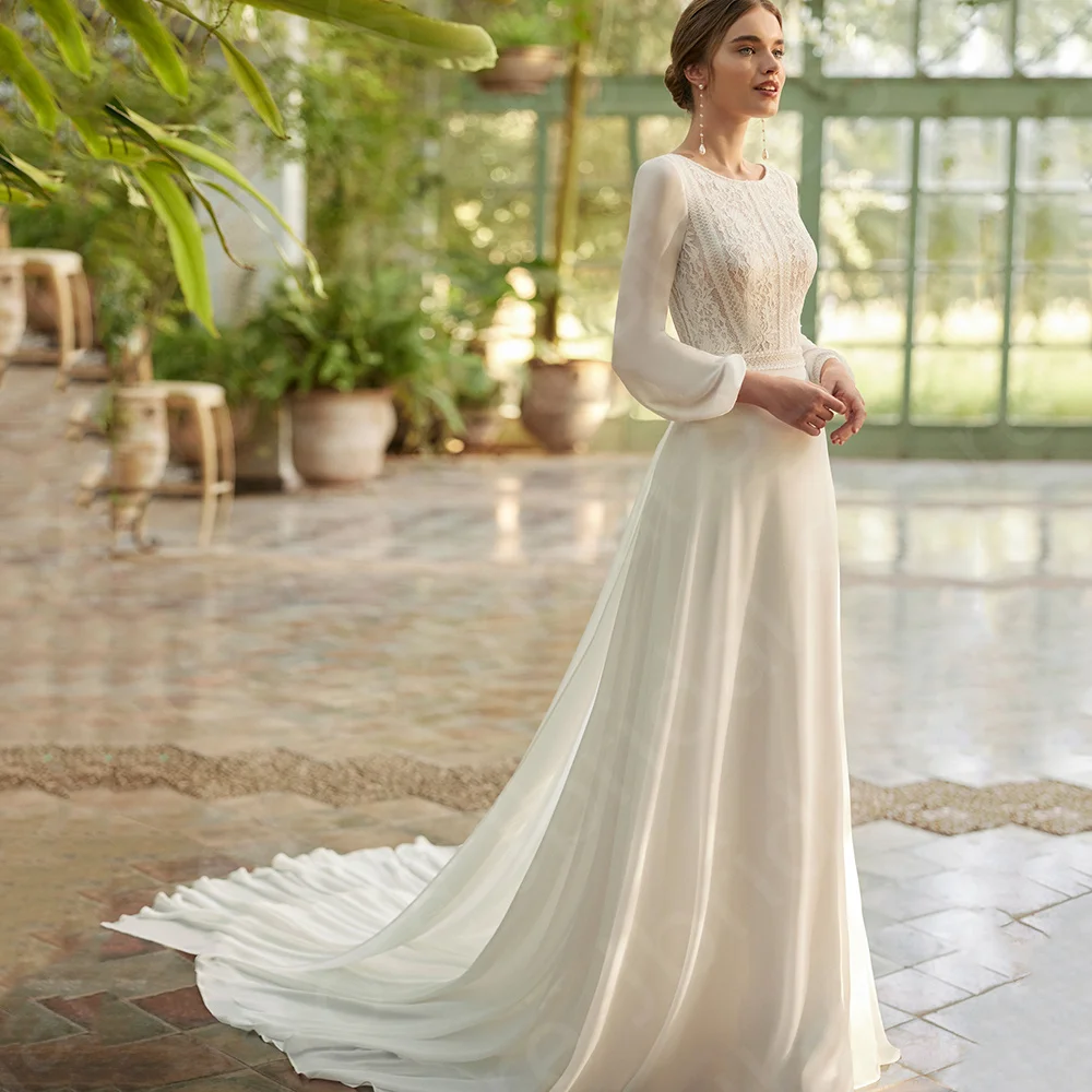 Wedding Dresses Boho Bridal Gowns Lace Bride Dress Long Sleeves Gowns Round  Neck | eBay