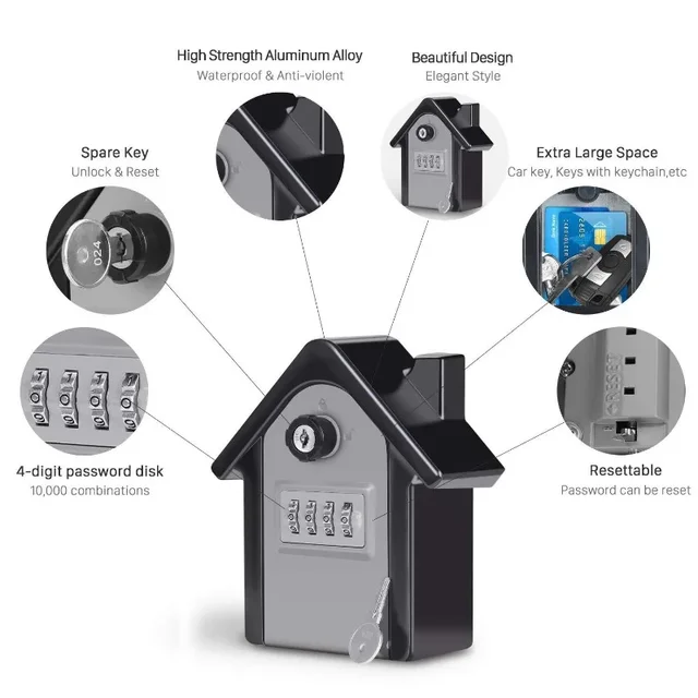 Large Alloy Key Lock Box 4 Digit Combination Security Lock Large Space for Home Office Key Safe Secret Storage Box Organizer 4