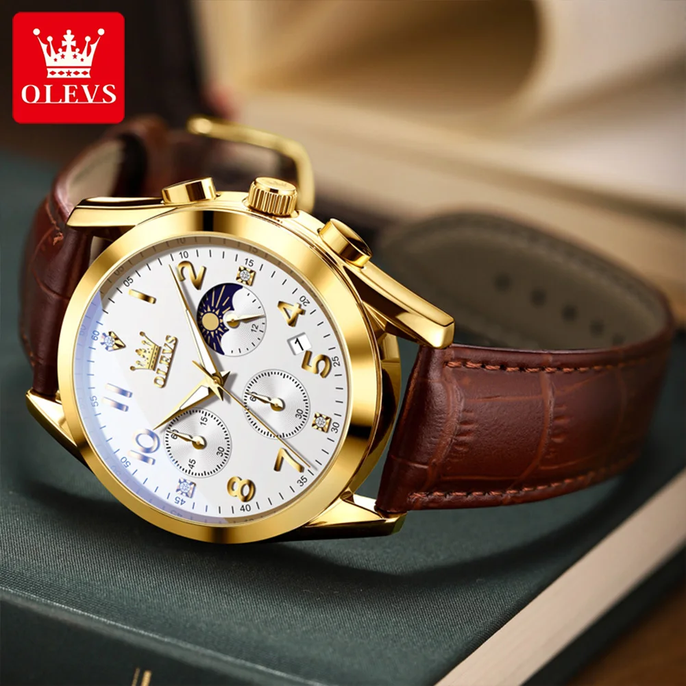 OLEVS Top Brand Business Mens Watches Luxury Sports Quartz Watch Leather Waterproof Chronograph Wristwatch Men Relogio Masculino