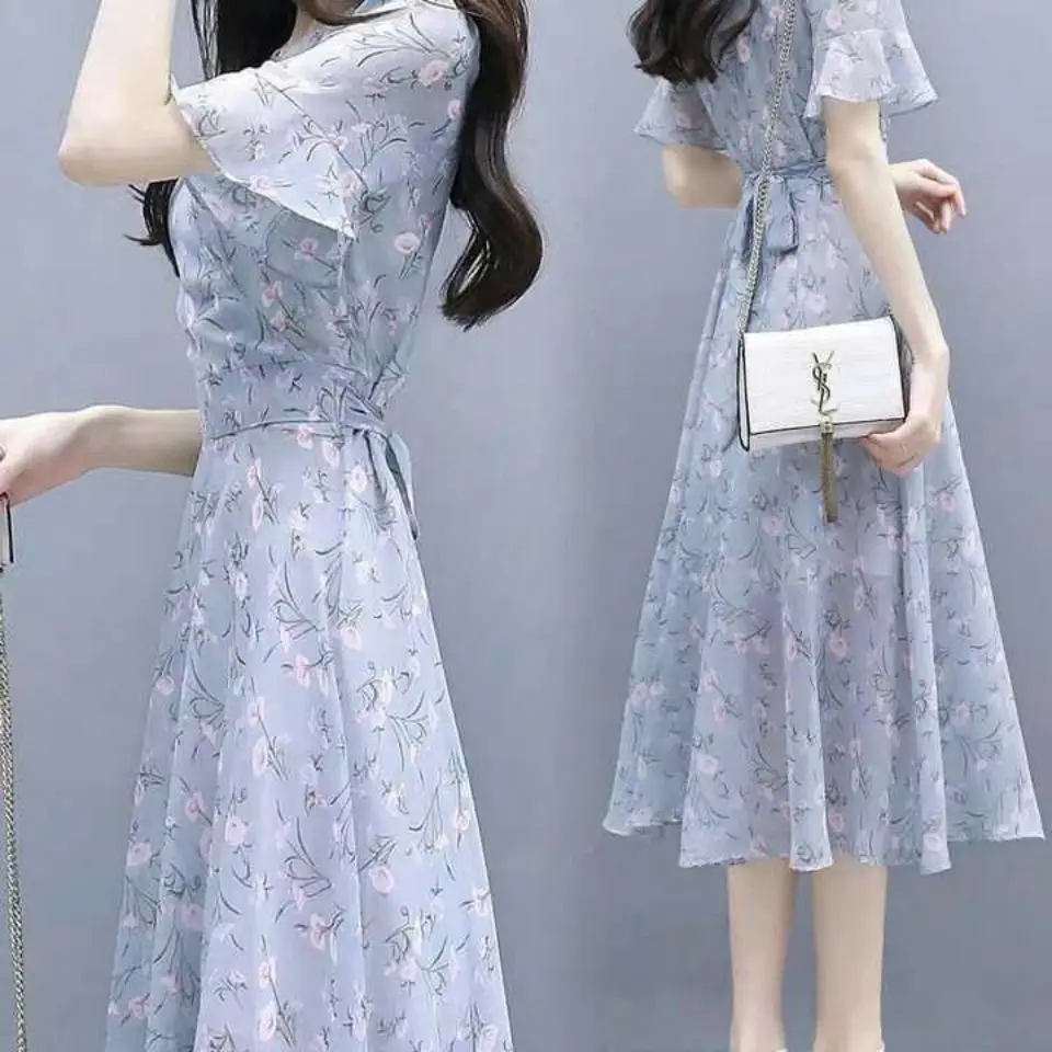 

2elegant Lady Japan Style Blue Chiffon Dress Spring/Summer Dress Fairy Sen Small WaistedV Neck Chiffon Dress Mid Length