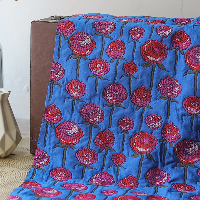 

Blue Bottom Red Flower Yarn Dyed Jacquard Fabric Retro Dress Bag Diy Sewing Fabric 50cmx155cm