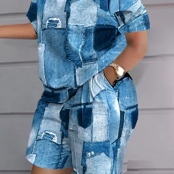 우아한 여성 티셔츠 및 반바지 2 피스 세트, 홈 반바지 탑 프린트 여성 캐주얼 정장 S-XXXL, 2023 여름 패션