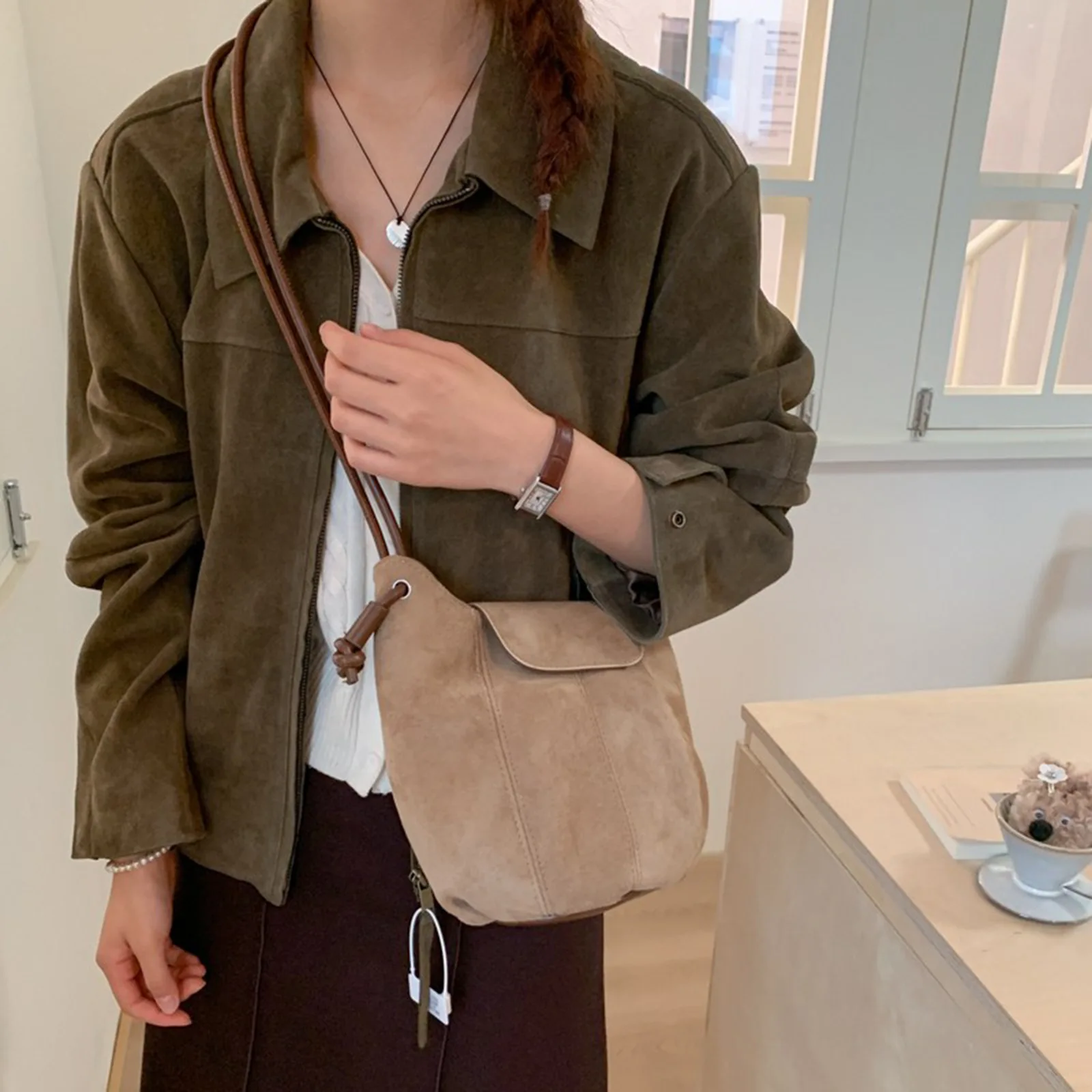 Women Girls PU Leather Single Shoulder Underarm Bag Drawstring Strap Bucket Bag One-Shoulder Crossbody Bag for Work & Outing