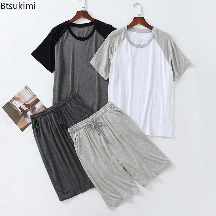 Pajama Sets Men's Summer Modal Pajama Sets O-neck Short Sleeve Tops and Short Pants Home Wear Man Loose Soft Colorblock Nightwear Sets