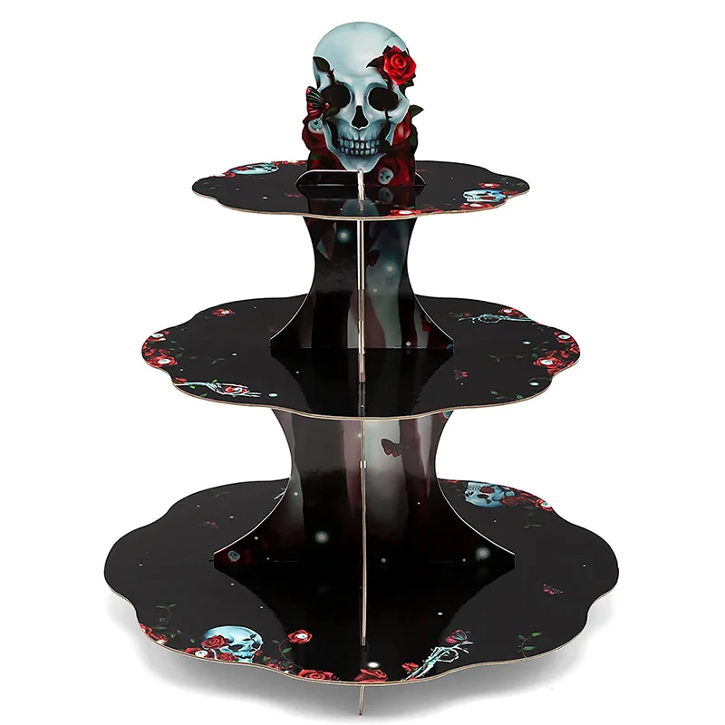 

Halloween Birthday Party Cupcake Stand Decoration 3-Tier Black Rose Skull Cardboard Dessert Tower Holder Treat for Display Stand