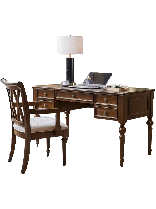 Solid wood desk and chair combination, simple modern home writing desk, walnut-colored large desk