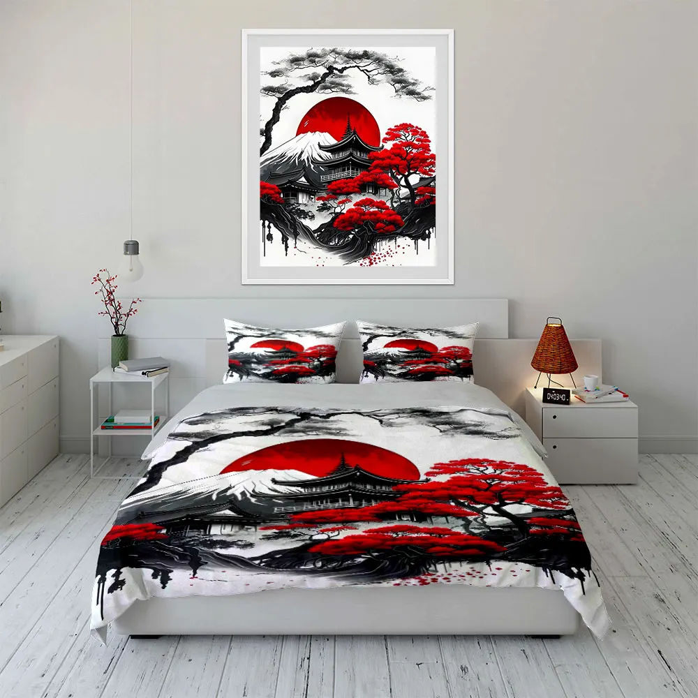 Red Sun, Snowy Peaks, Japanese Aesthetic Printed Duvet Cover Set1 Duvet Cover+2 PillowcaseMulti Size Bedroom Bedding Decor 4