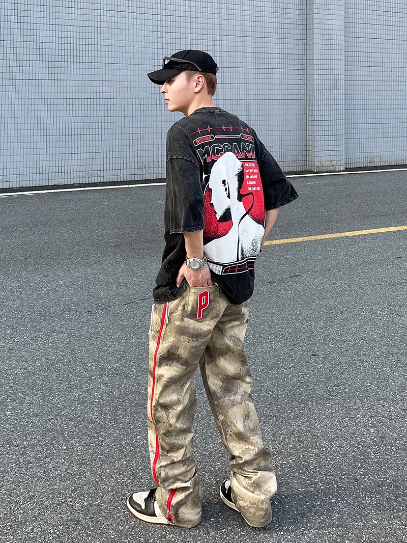 American Hip Hop High Street Y2K Zipper Split Casual Camo Pants Men's Fashion Fashion Brand Loose Straight Leg Pants