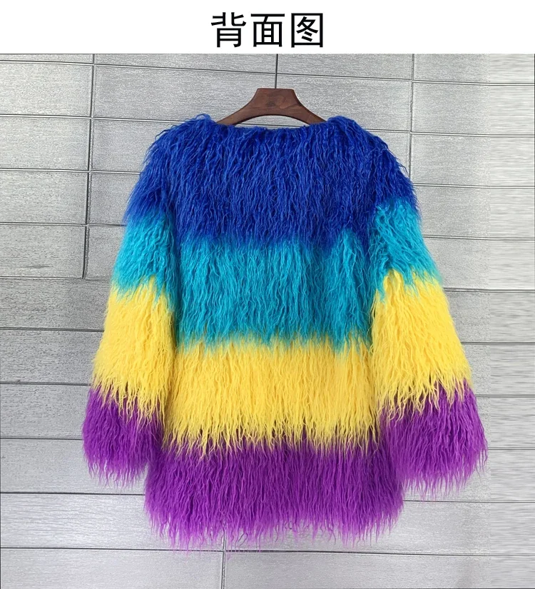 2022 Winter New Sheepskin Wool Faux Fur Coat Women V-neck Fashion Sweet Rainbow Lamb Wool Stitching Mid-Length Plush Fur Jacket