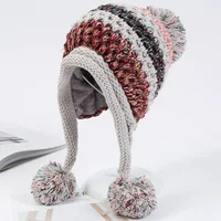 New Winter Knitted Hats Women Patchwork Pompon Balls Earflap Caps Ladies Warm Thick Winter Beanies Female Beanie Hat 1
