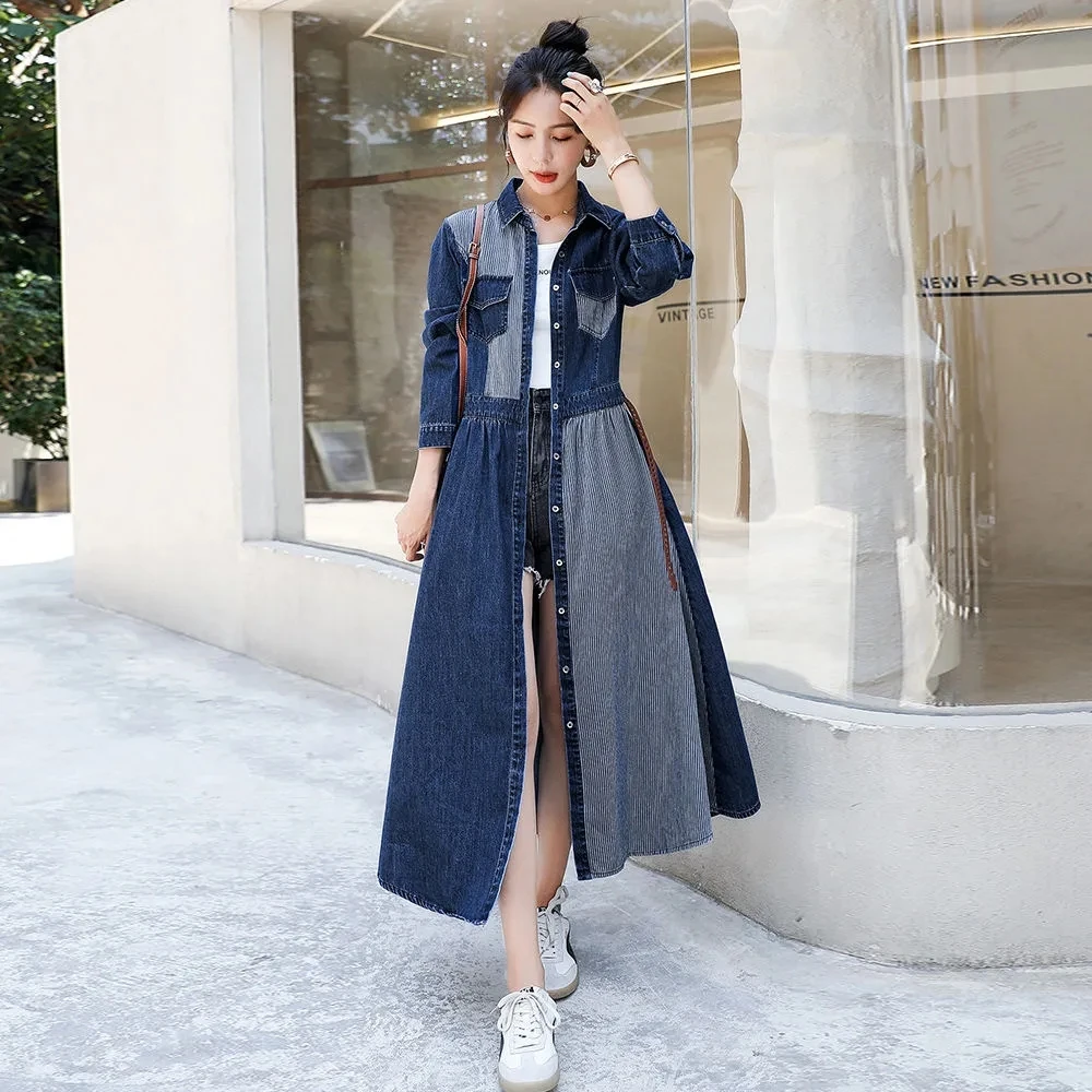 

Denim Dress Women 2023 Spring Autumn New Striped Splicing Large Size Long Dresses Female Elegant Temperament Slim Denim Skirt