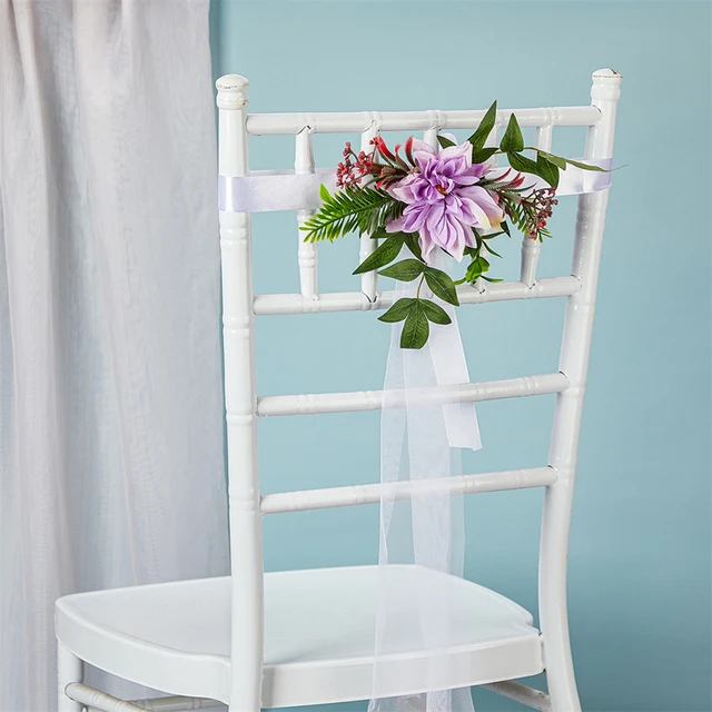 2025New Wedding Chair Back Veil Decoration Creative Wedding Layout Kindergarten White Gauze Bamboo Chair Back Flower Sashes 1Pcs