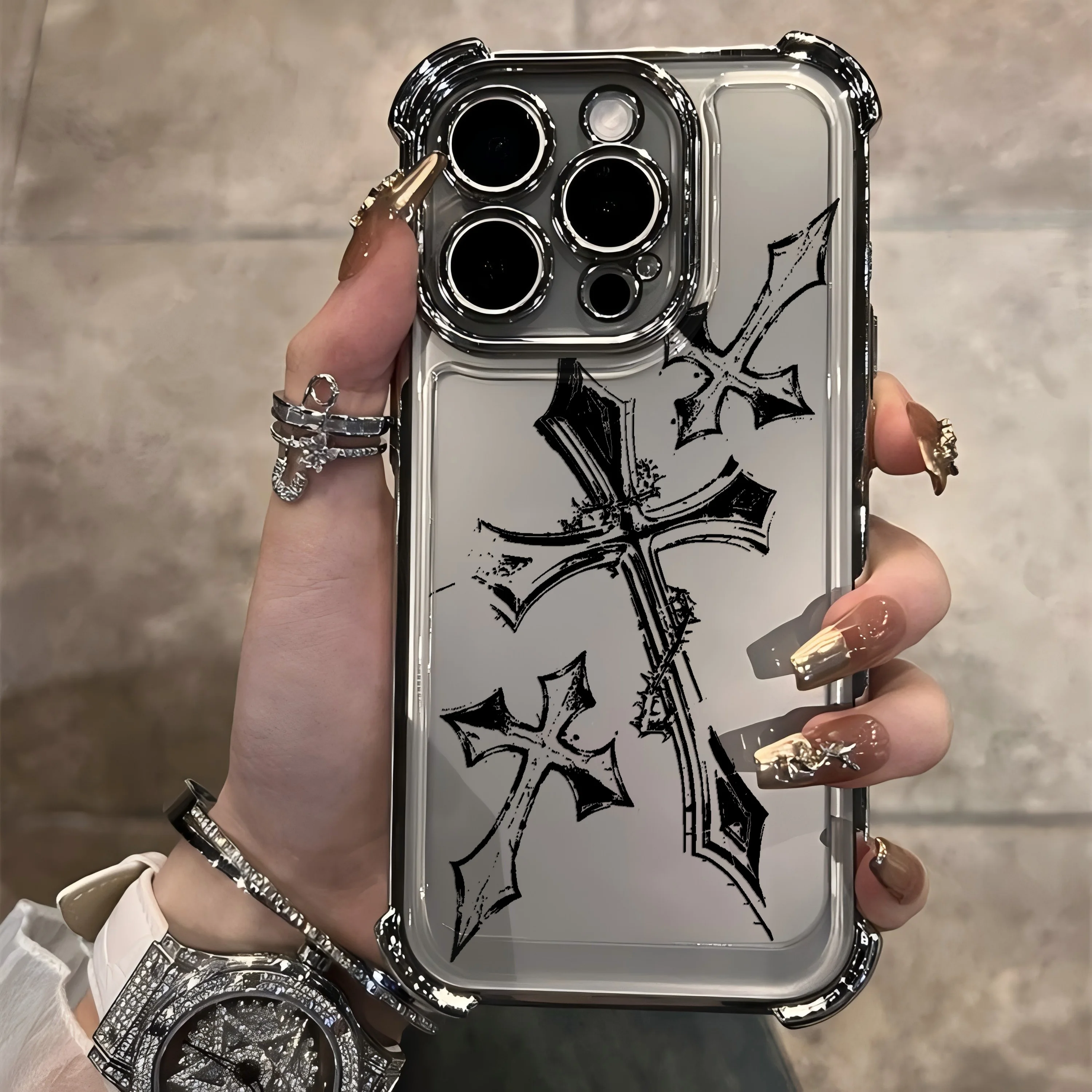 Cool Dark Gothic Cross Mark Line Plating Phone Case For IPhone 17 16e 16 15 14 13 12 11 Pro Max X XR XSMax 7 8 Mini Air Plus