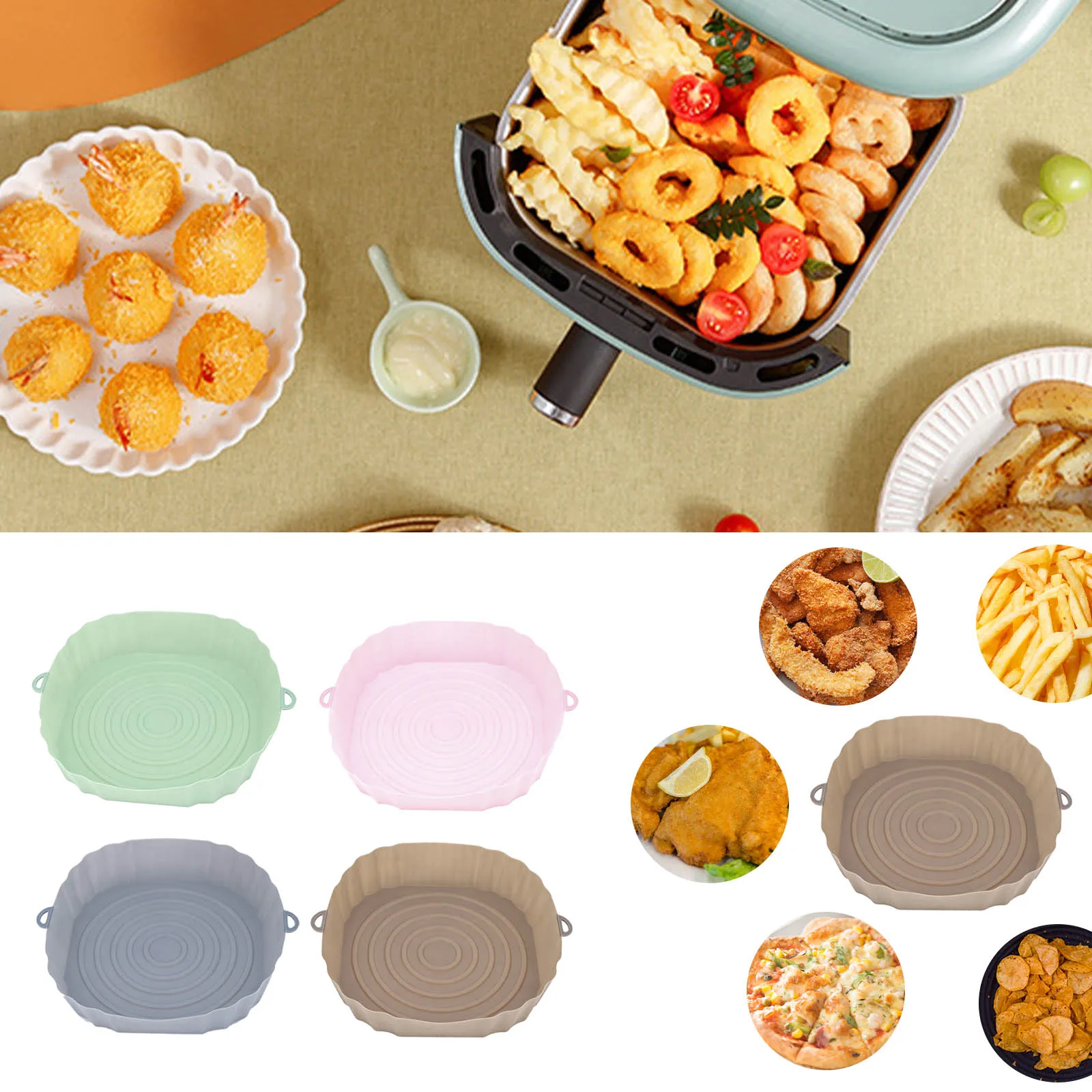 Description Picture 5 of item1Pcs Food Grade Silicone Air Fryers Oven Baking Tray Reusable Airfryer Pan Liner Tools Pizza Fried Chicken Air Fryer Basket Mold