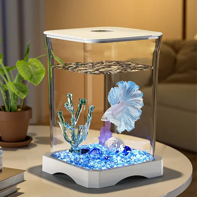 Mini Betta Fish Tank Starter Kit Aquarium Tank with Bottom Light Rectangular Mini Desktop Aquarium with Top Feeding Hole 2