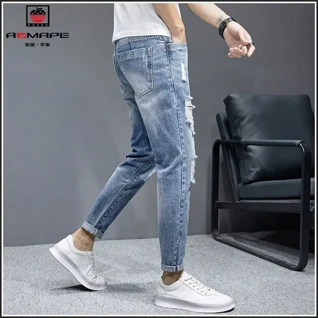 New Fashion Stylish Cowboy Men's Slim Casual Jeans with Ripped Distressed Holes Summer Streetwear Denim Broken Hole Pants Male 6