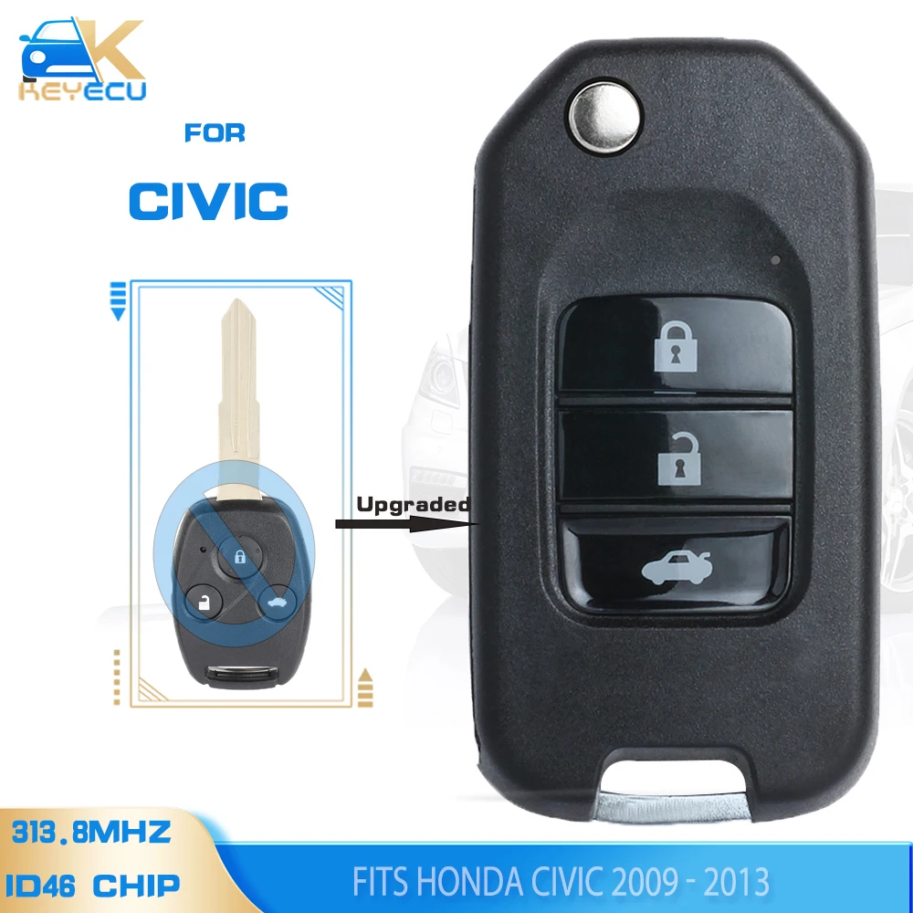 

KEYECU 313,8 МГц ID46 чип, улучшенная флип-лампа для HONDA Civic 2009 2010 2011 2012