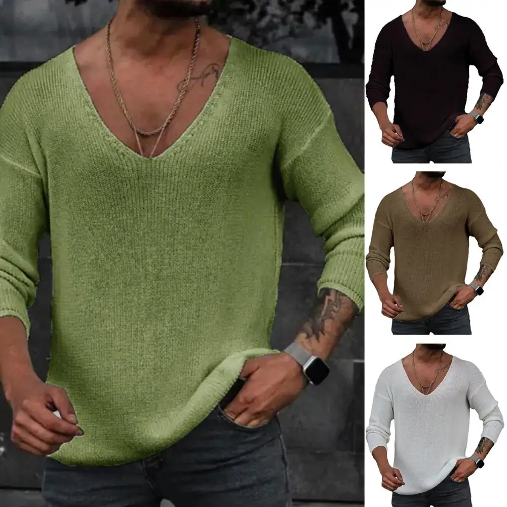 

Winter Men Sweater Versatile Men's V-neck Sweater Loose Fit Solid Color Knitted Pullover Ideal for Spring Autumn Casual Wear Men