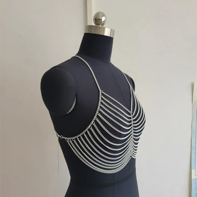 Gold-Silber Mehrschichtige Kettenhemd-Bluse für Damen, Sexy Offene Vorderseite, Kurzes Oberteil für Strand, Party, Clubwear, Gothic-Mode, Sommer 2026 – Detail 6