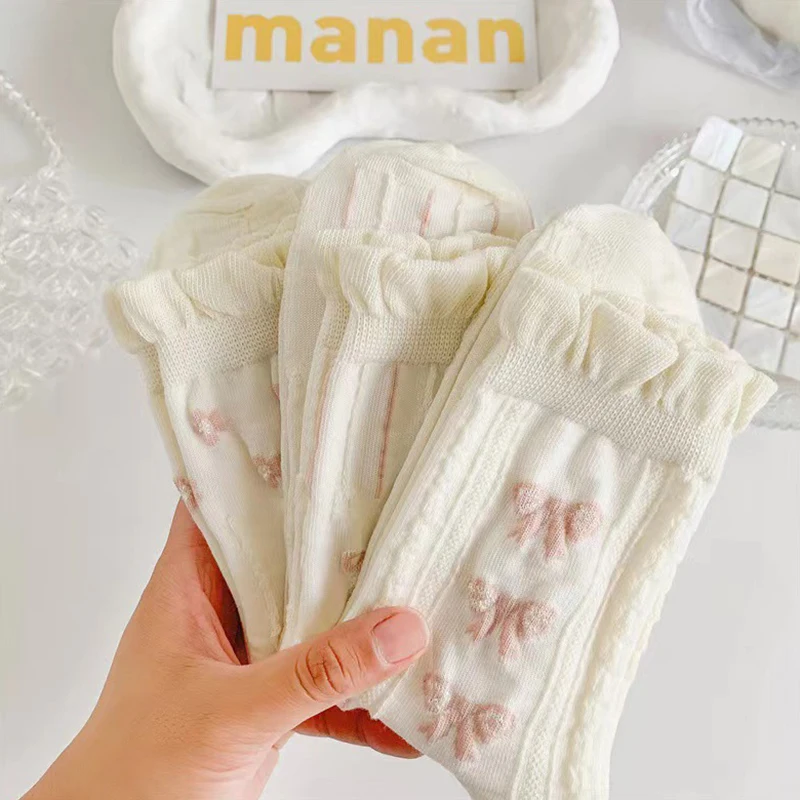 

Простые белые носки, универсальные милые женские носки средней длины с бантом и маленькими цветами, милые хлопковые носки Jk Lolita в стиле Харадзюку для девочек