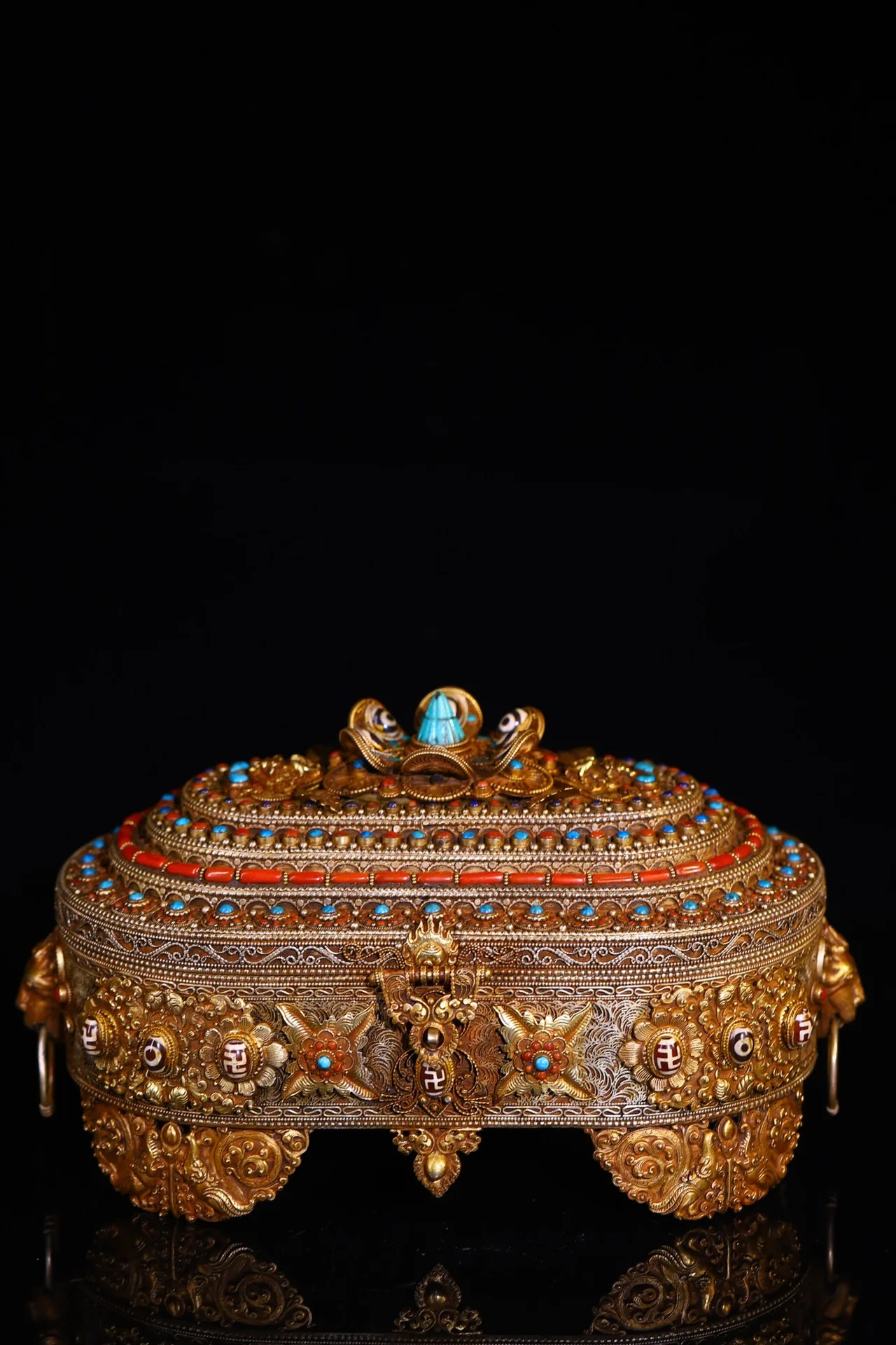 

11"Tibetan Temple Collection Old Tibetan silver Gilded Mosaic Gem gZi Beads Turquoise Crystal Buddha Treasure Box Worship Hall