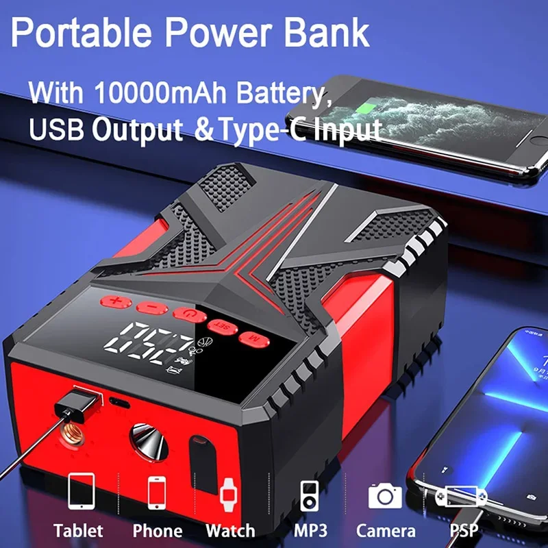 Car Jump Starter Air Pump Power Bank Lighting Portable Air Compressor 4 In 1 Cars Battery Starters Starting Auto Tyre Inflator