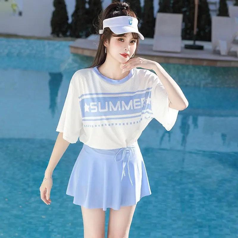 2025 New Women's Two-Piece Swimsuit Set Sporty Short Sleeve Girl's Belly Cover Slimming Conservatively Designed Bathing Suit - 4