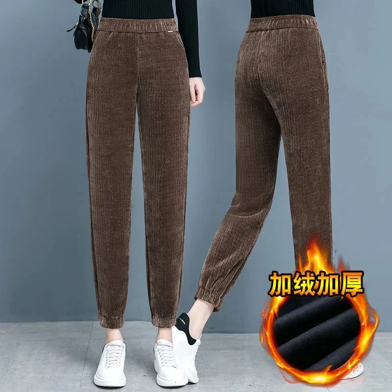 Plush Thick Casaul Pants Women Solid Elastic Waist Pocket Corduroy Harem Pant Snow Wear Fleece Lined Retro Mom Winter Trousers