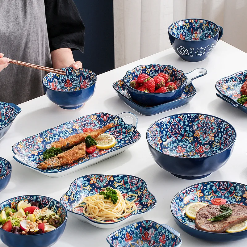 Baroque dish set Creative ceramic tableware Rice rice bowl soup noodles large bowl Household handle Fish plate dish